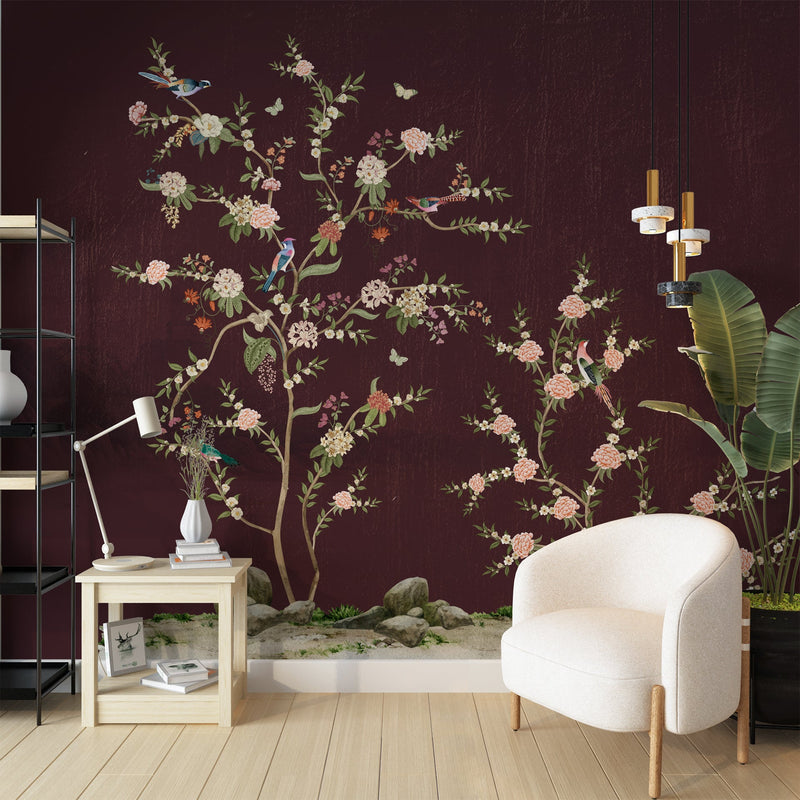 Garden Of Tranquility Maroon | Chinoiseries