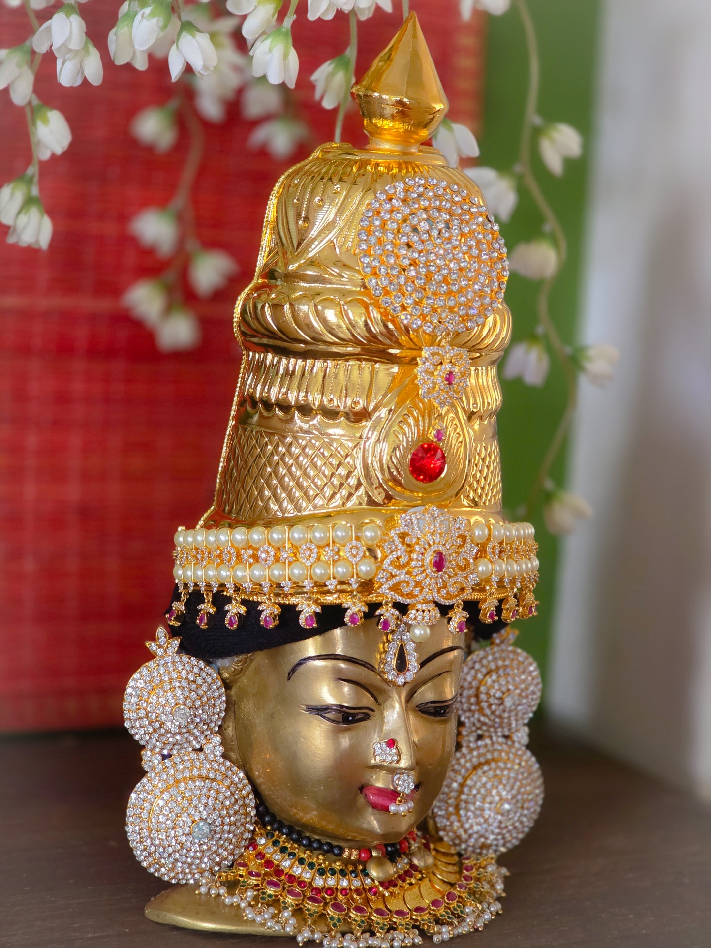 Shwetha Pushpa Kiritam - White & Pink Stone Crown with Pearl Embellishments