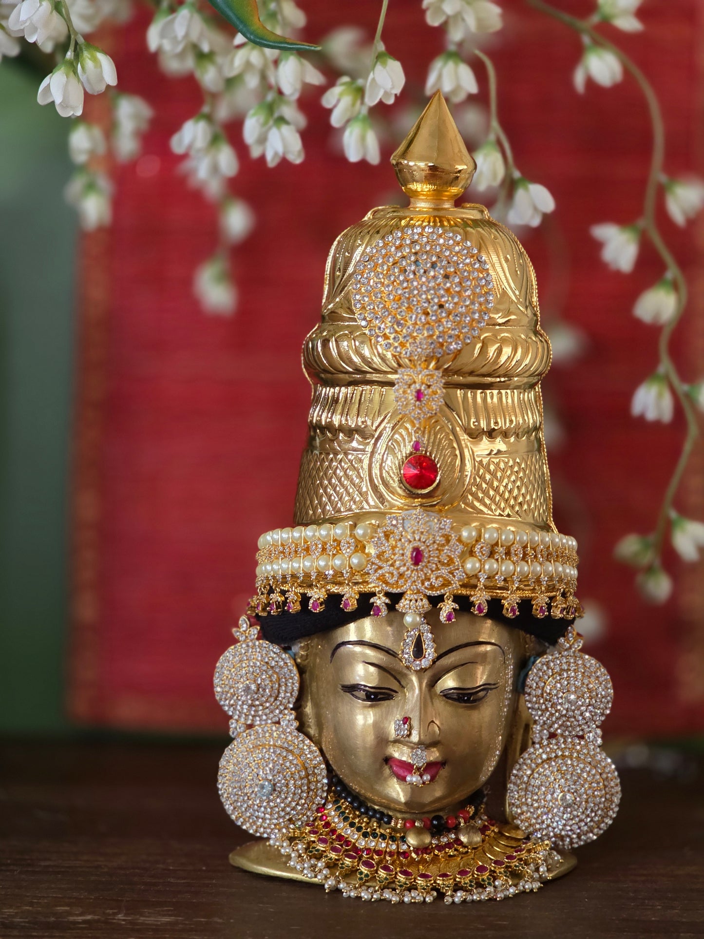 Shwetha Pushpa Kiritam - White & Pink Stone Crown with Pearl Embellishments
