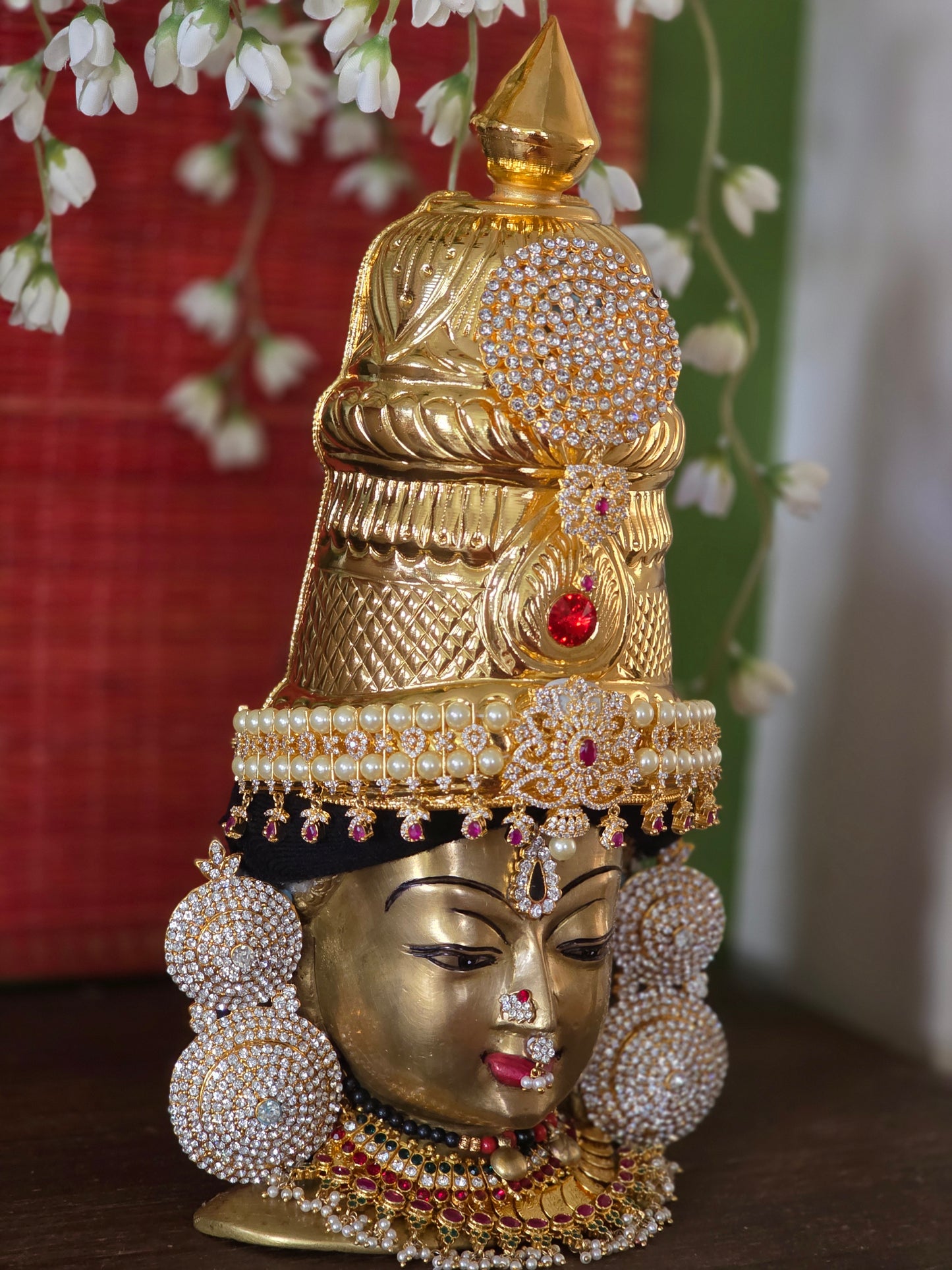 Shwetha Pushpa Kiritam - White & Pink Stone Crown with Pearl Embellishments