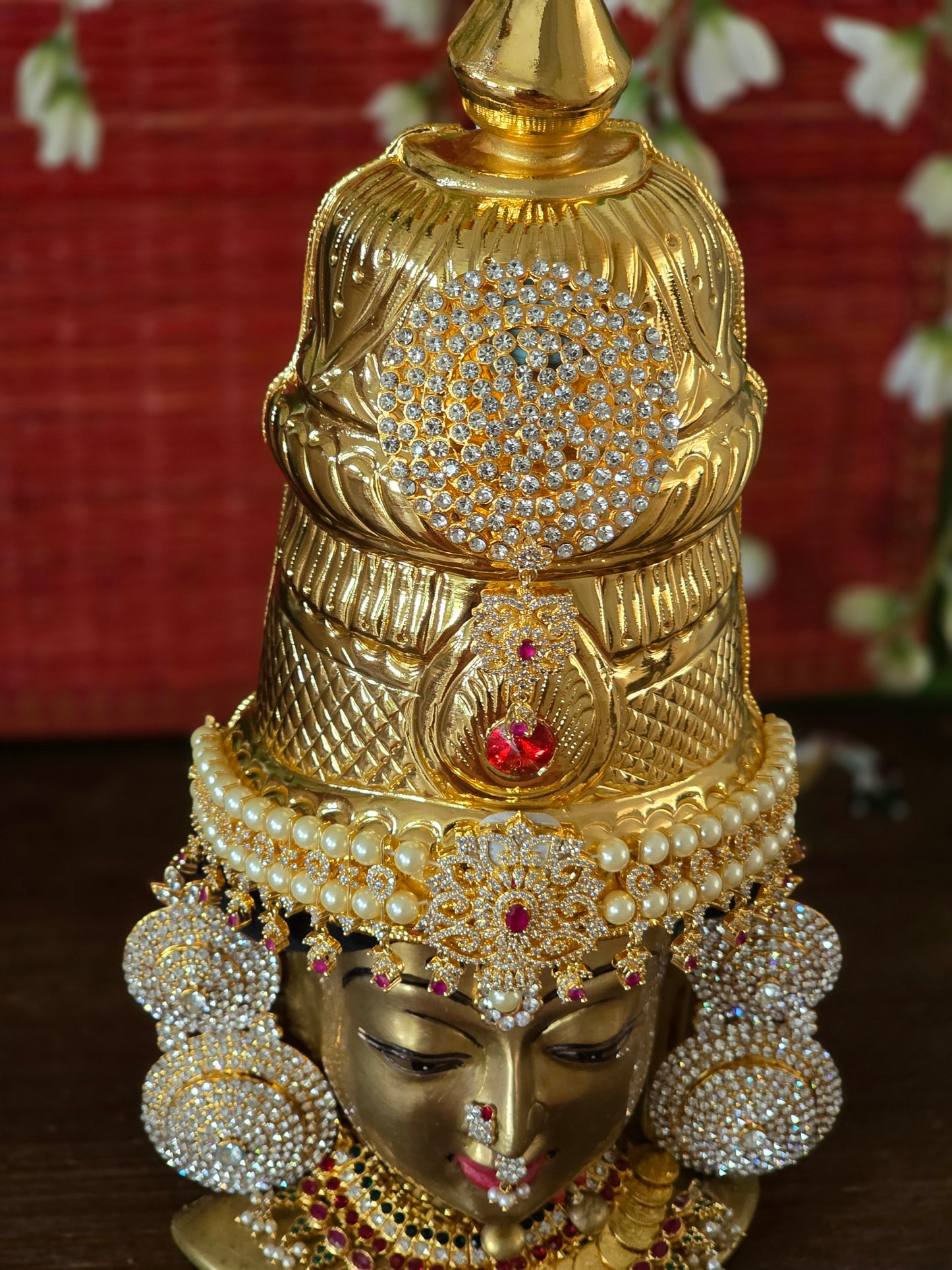 Shwetha Pushpa Kiritam - White & Pink Stone Crown with Pearl Embellishments