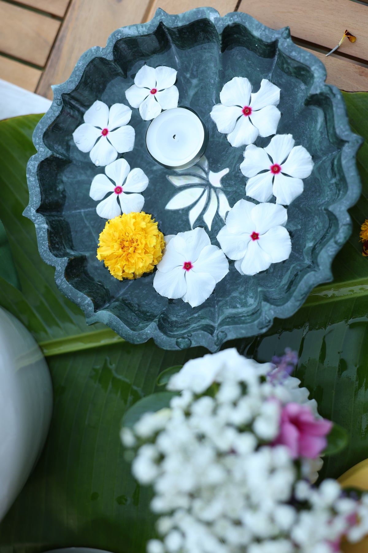 Lotus Inlay Green Marble Bowl
