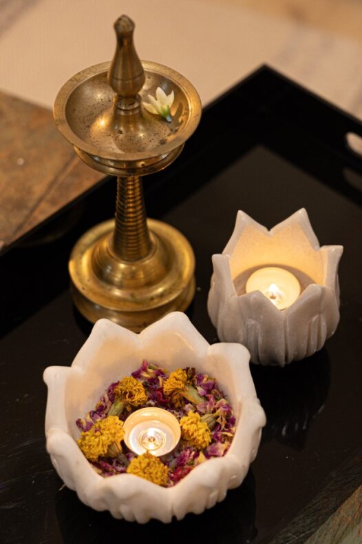 Sweta Padma Deepakam — Lotus Diyas in Carved Marble Purity