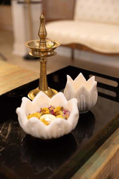 Sweta Padma Deepakam — Lotus Diyas in Carved Marble Purity