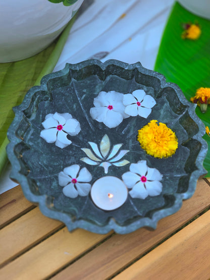 Lotus Inlay Green Marble Bowl