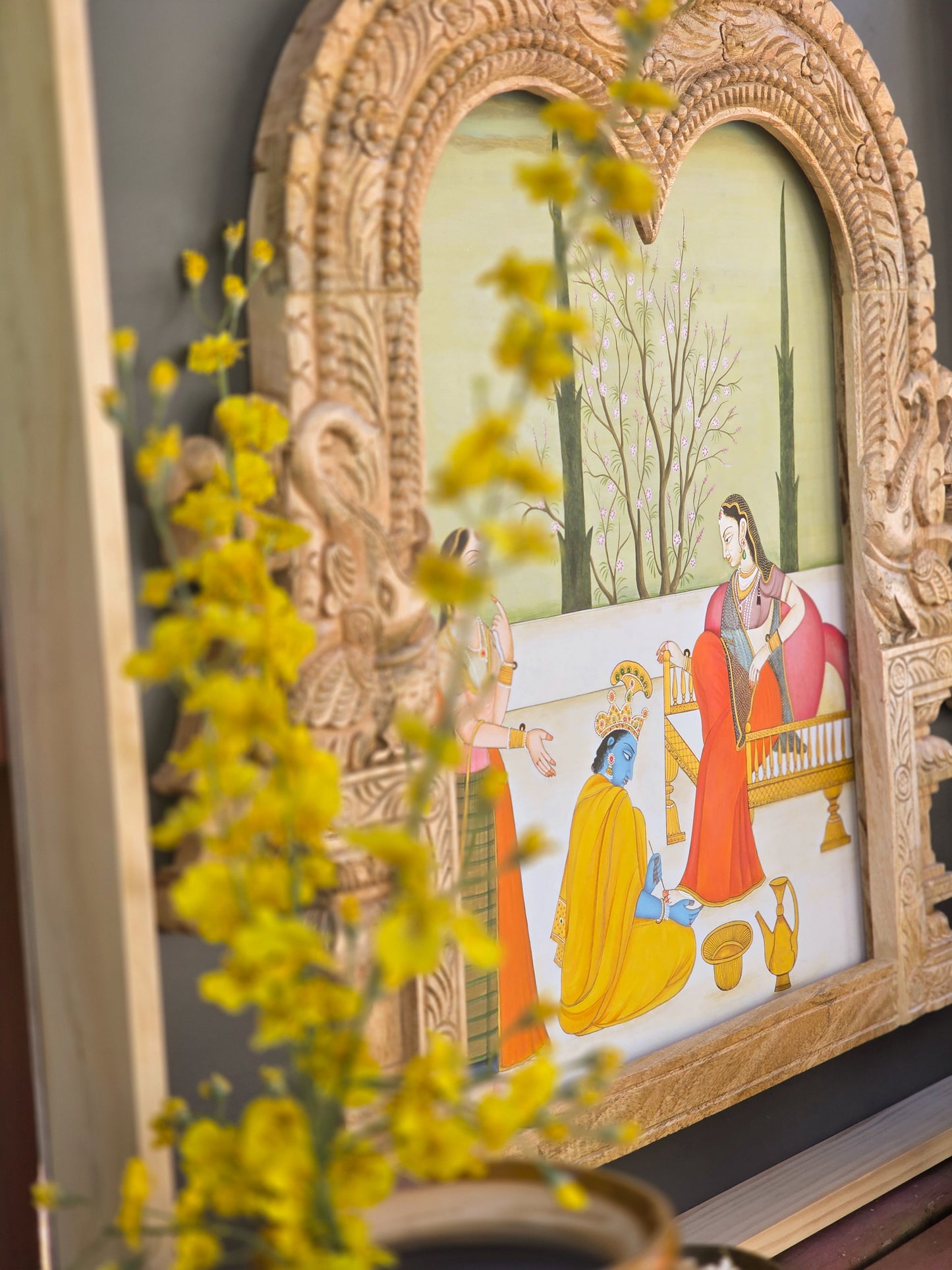 Krishna Leela - Antique Wood Prabhavali frame with painting