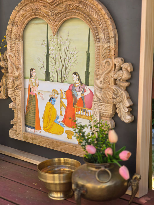 Krishna Leela - Antique Wood Prabhavali frame with painting