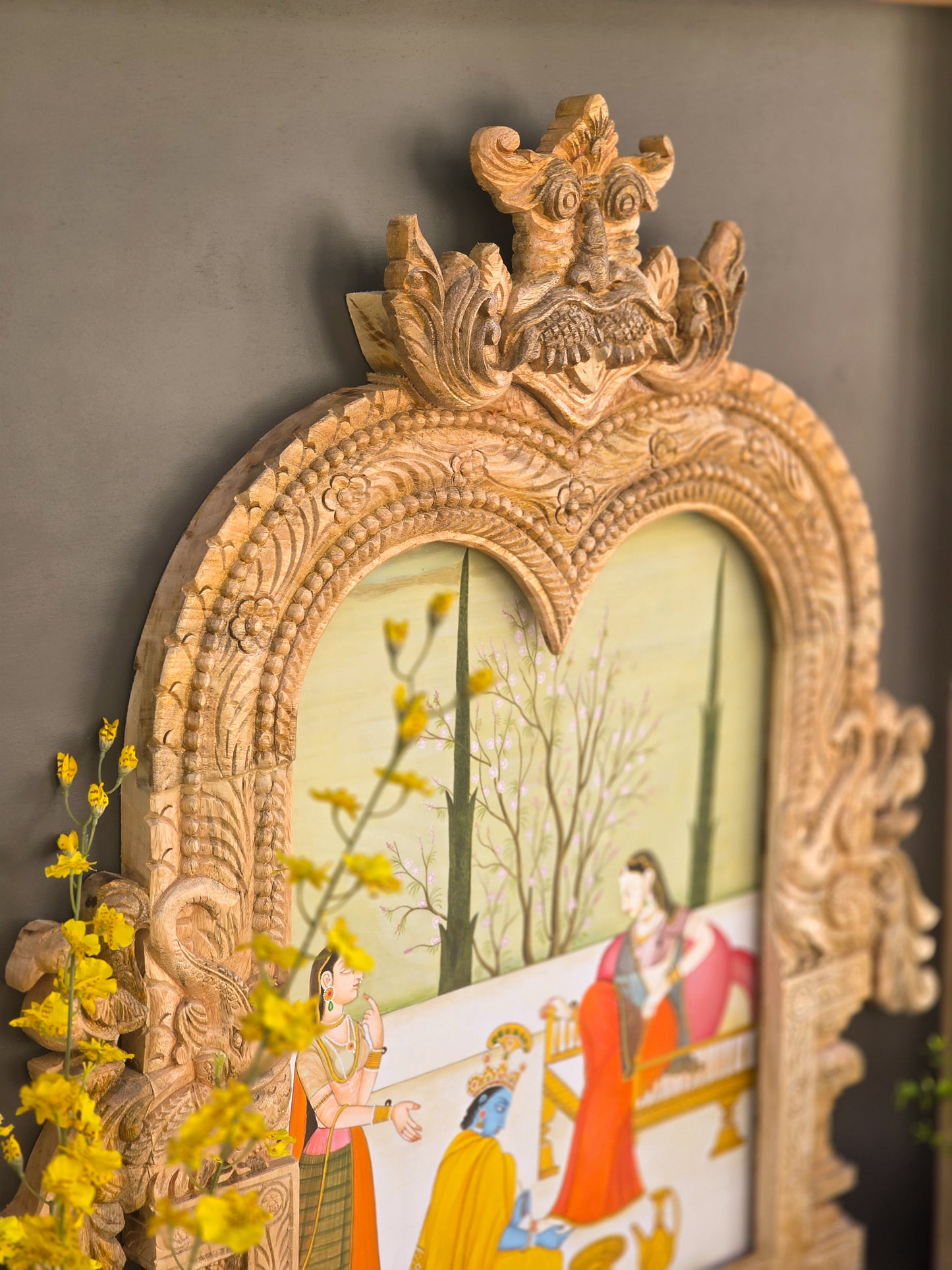 Krishna Leela - Antique Wood Prabhavali frame with painting