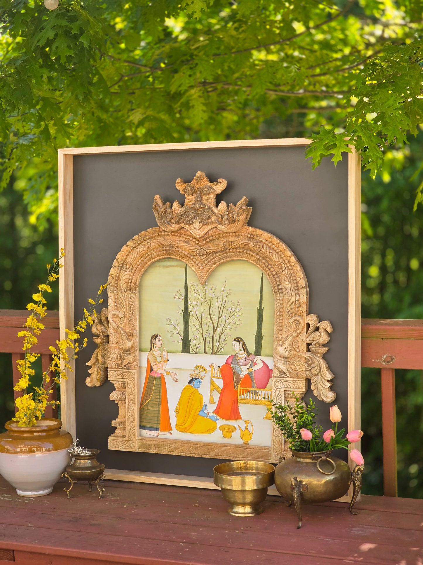 Krishna Leela - Antique Wood Prabhavali frame with painting